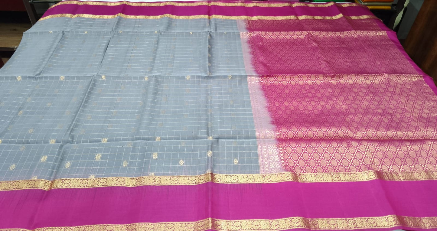 Pure Silk Handloom Soft Silk Saree – Mist Grey with Rani Pink Zari Pallu