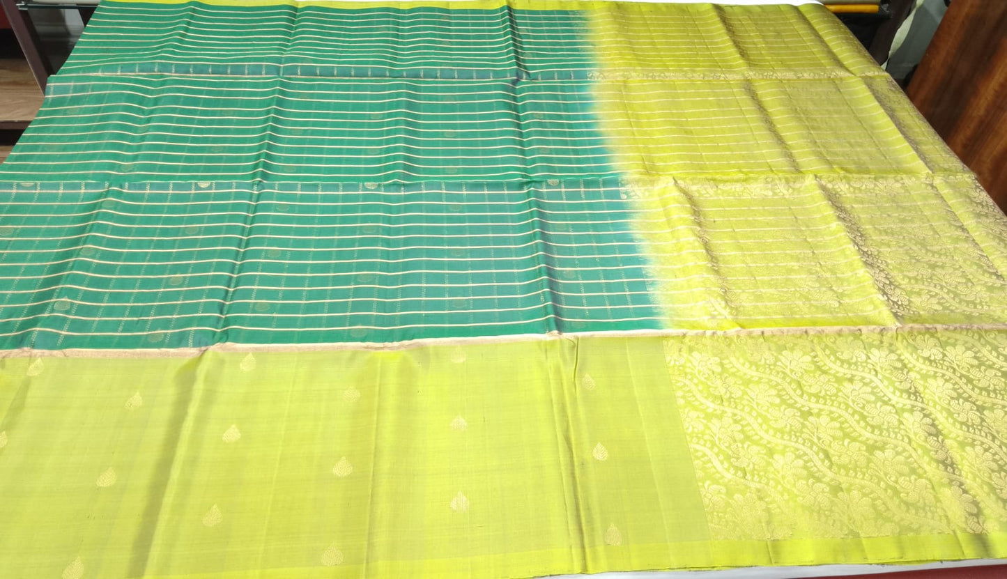 Elegant Bottle Green & Lemon Green Pure Silk Handloom Saree with Silver Zari Weaving