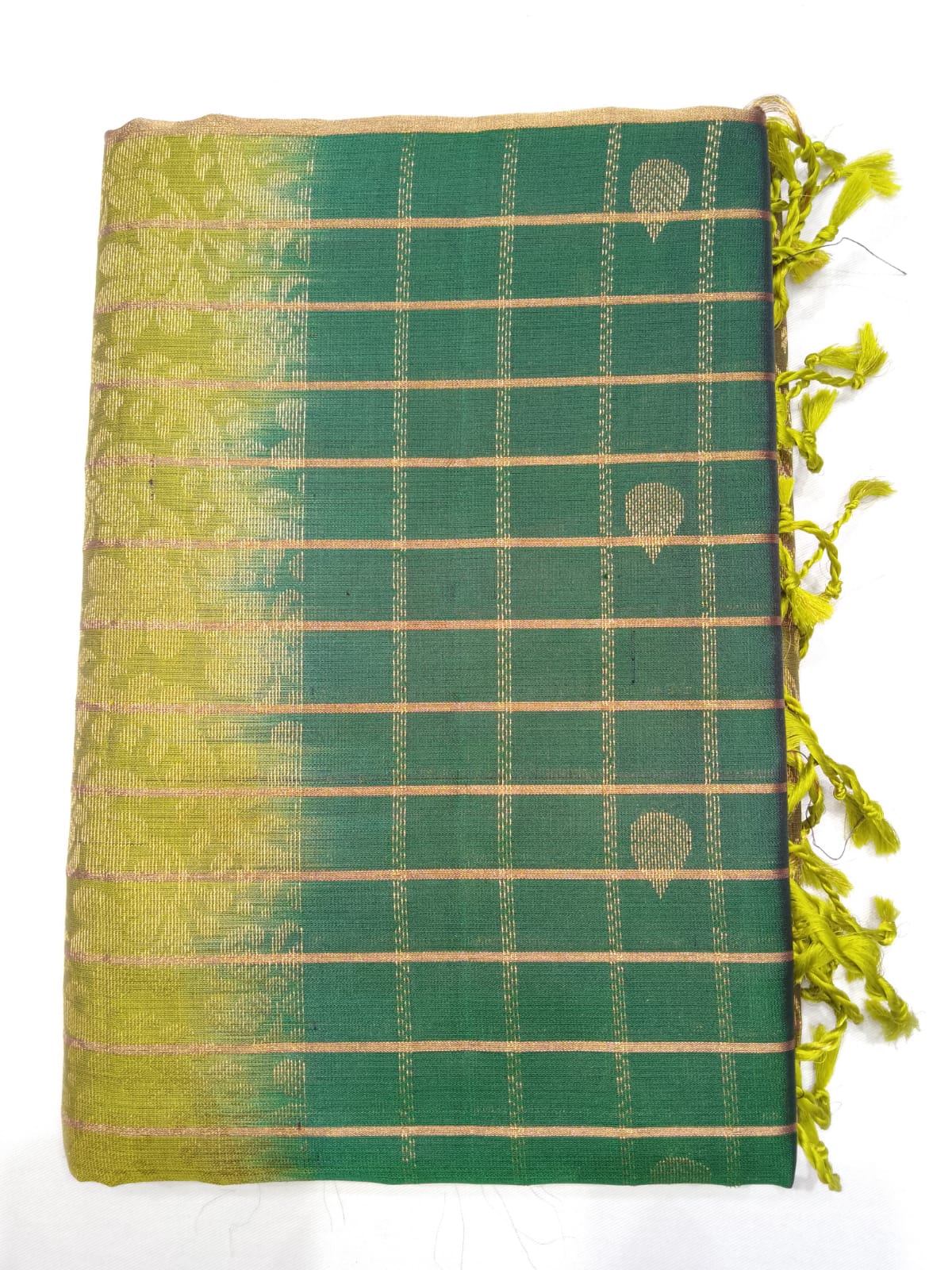 Elegant Bottle Green & Lemon Green Pure Silk Handloom Saree with Silver Zari Weaving
