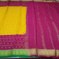 Pure Mysore Silk Saree in Golden Yellow & Rani Pink with Zari Buttas and Peacock Border