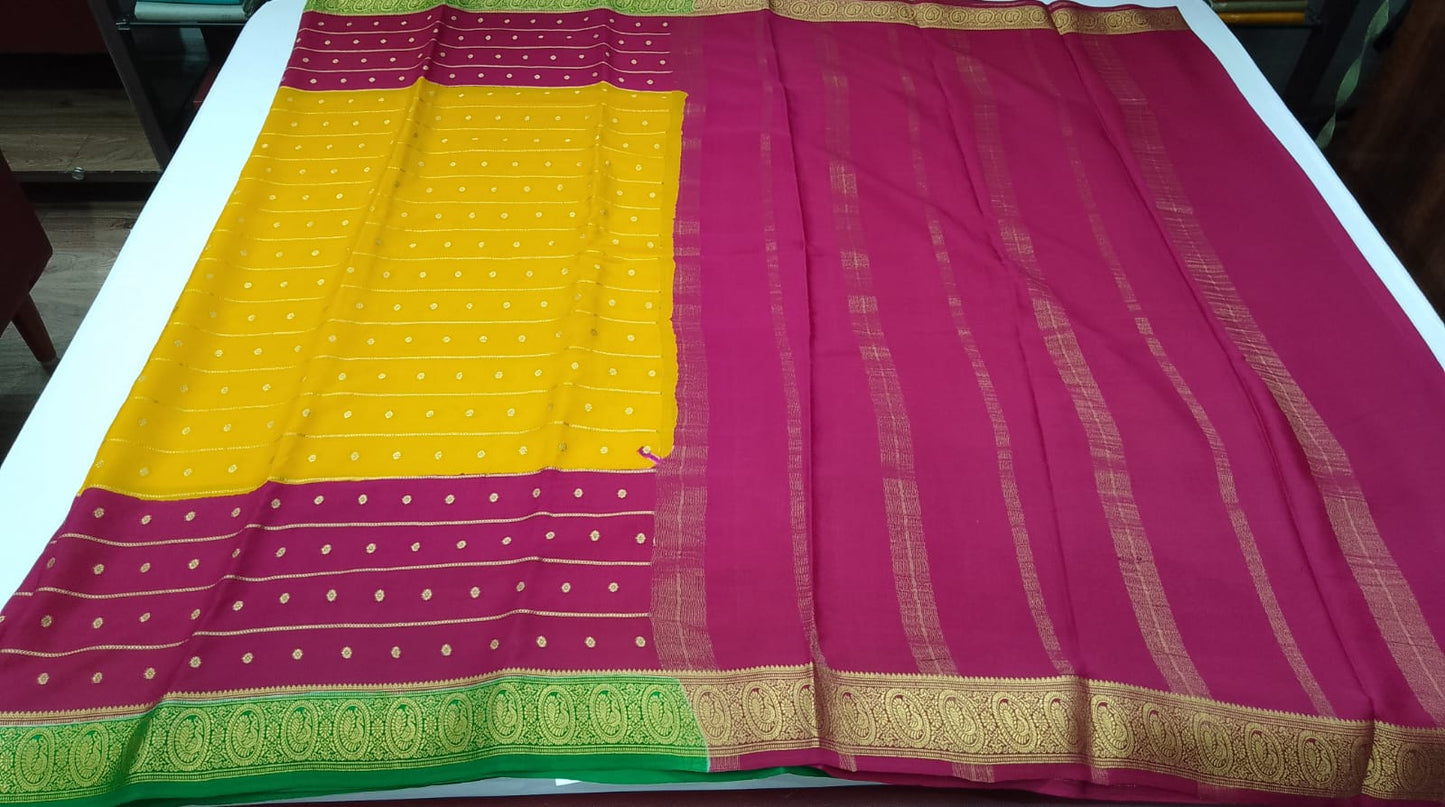Pure Mysore Silk Saree in Golden Yellow & Rani Pink with Zari Buttas and Peacock Border