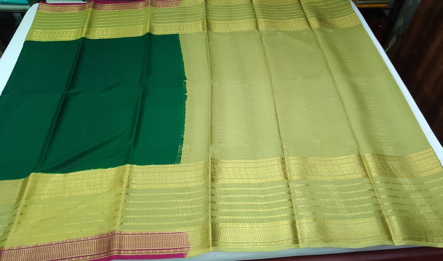 Pure Mysore Silk Saree in Emerald Green & Antique Gold with Rich Zari Border