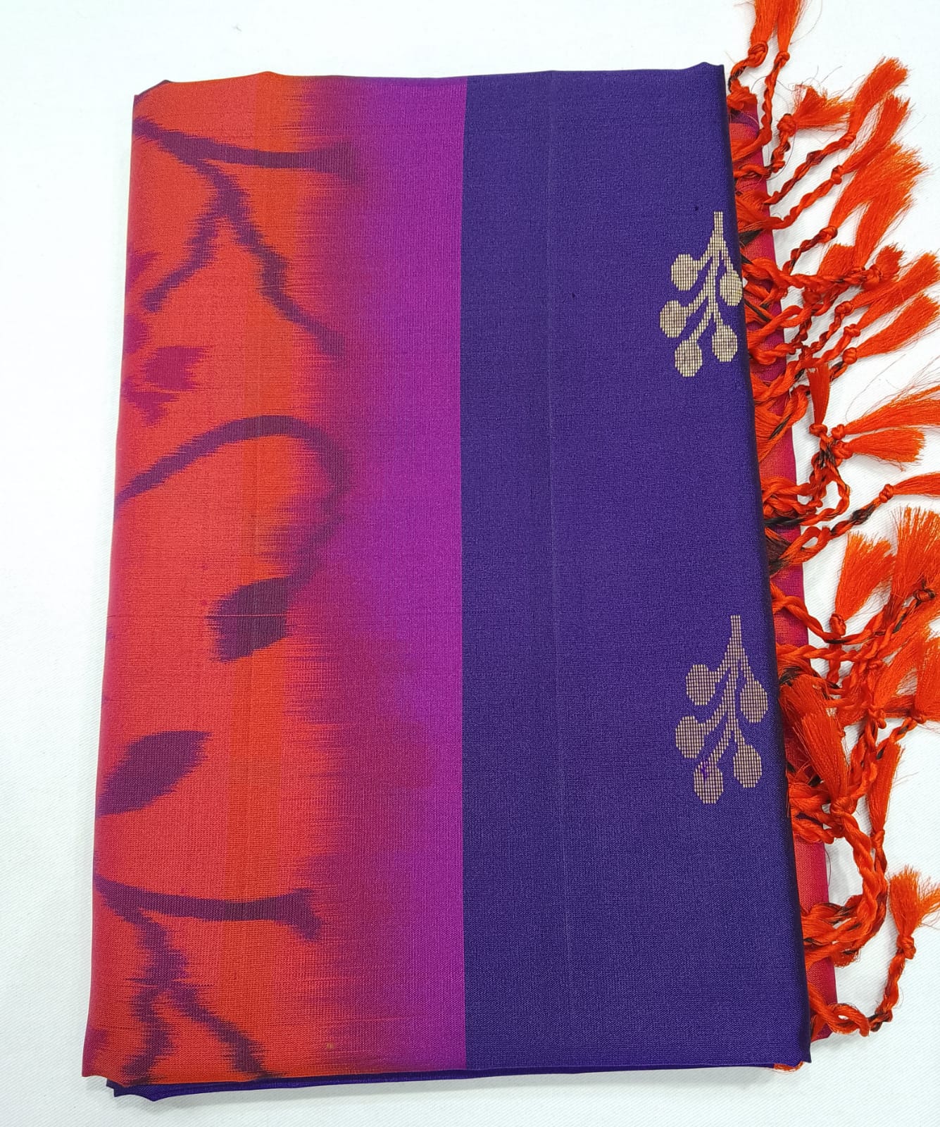 Pure Handloom Silk Pochampally Saree – Royal Violet with Coral Floral Ikat Pallu