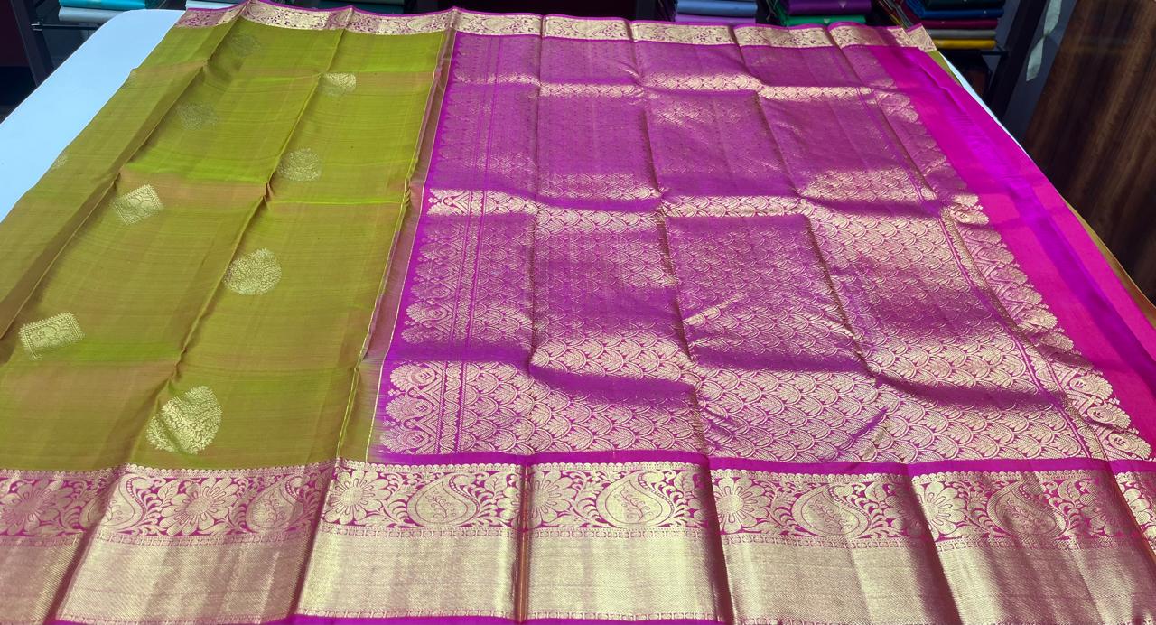 Kanjivaram Dual Copper Shade Saree with Rani Pink Rich Zari Pallu