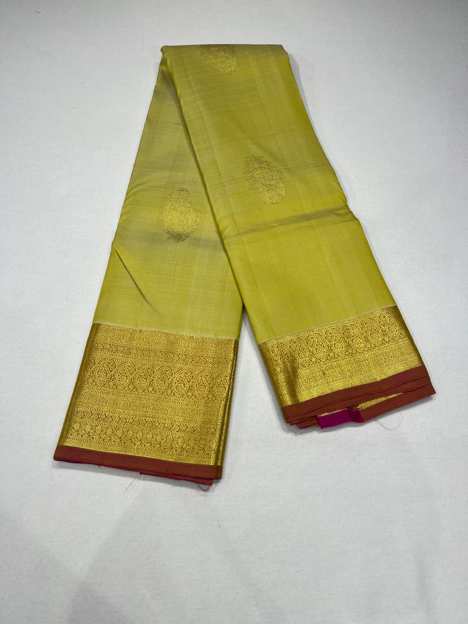 Dual Tone Saree in Ivory Lemon Yellow with Rose Pink Rich Zari Pallu