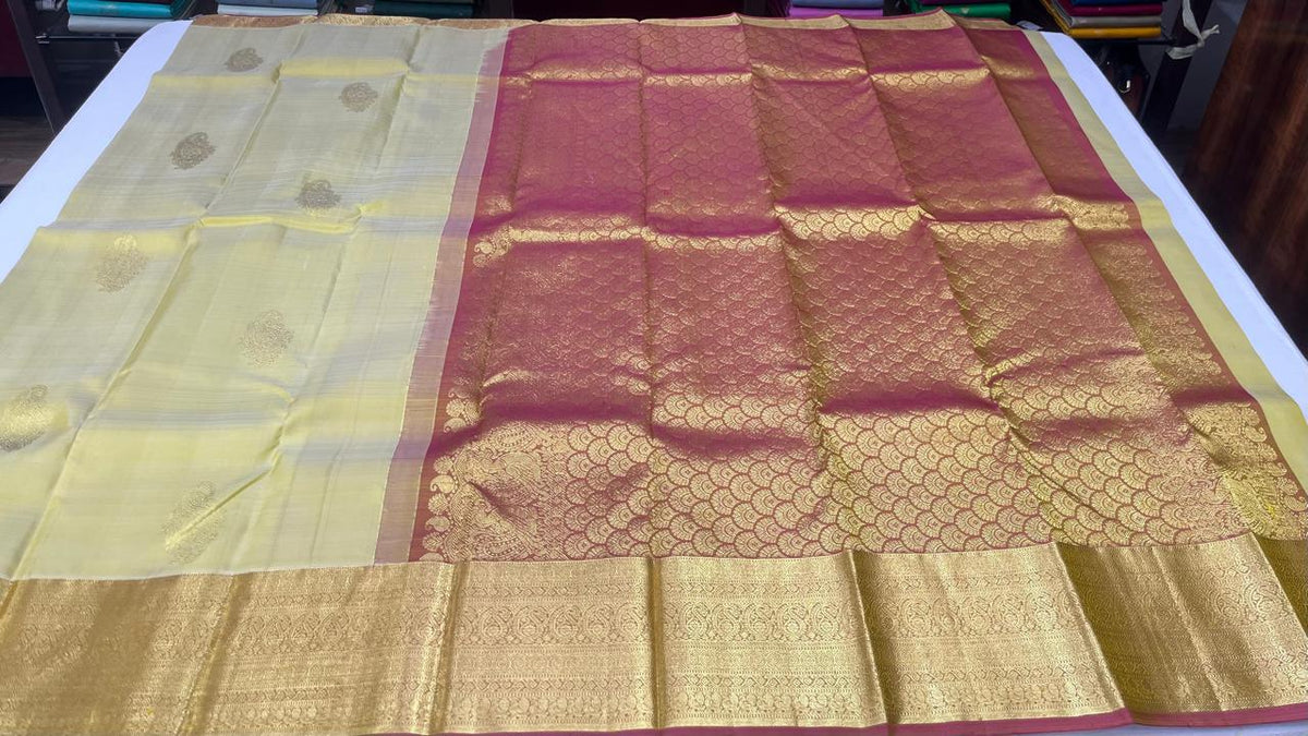 Dual Tone Saree in Ivory Lemon Yellow with Rose Pink Rich Zari Pallu