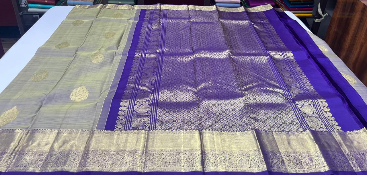 Dual Tone Saree – Silver Grey & Royal Violet with Rich Gold Zari Weaving