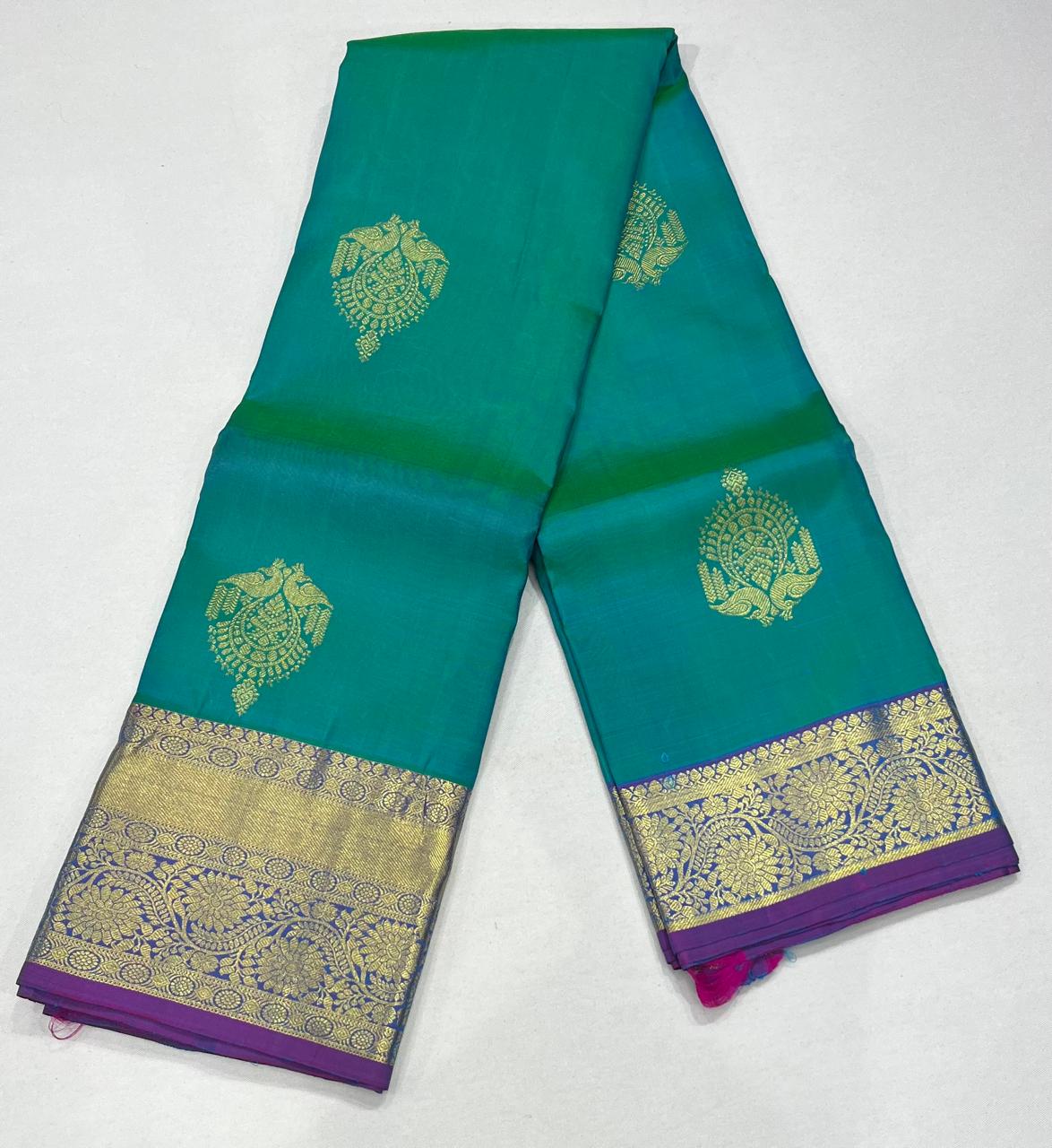 Kanjivaram Saree – Aqua Green & Magenta Purple Dual Tone