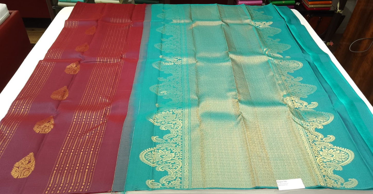 Kanjivaram Saree- Wine Purple & Aqua Turquoise with Rich Zari Pallu
