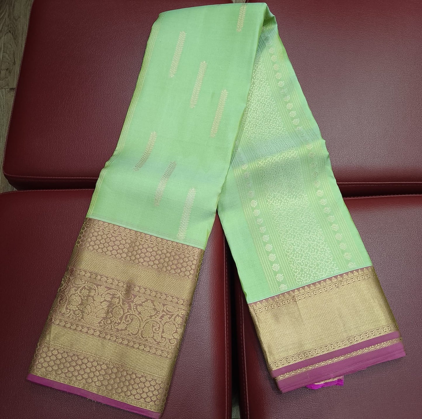 Kanjivaram Saree – Mint Green with Magenta Pink Rich Zari Pallu