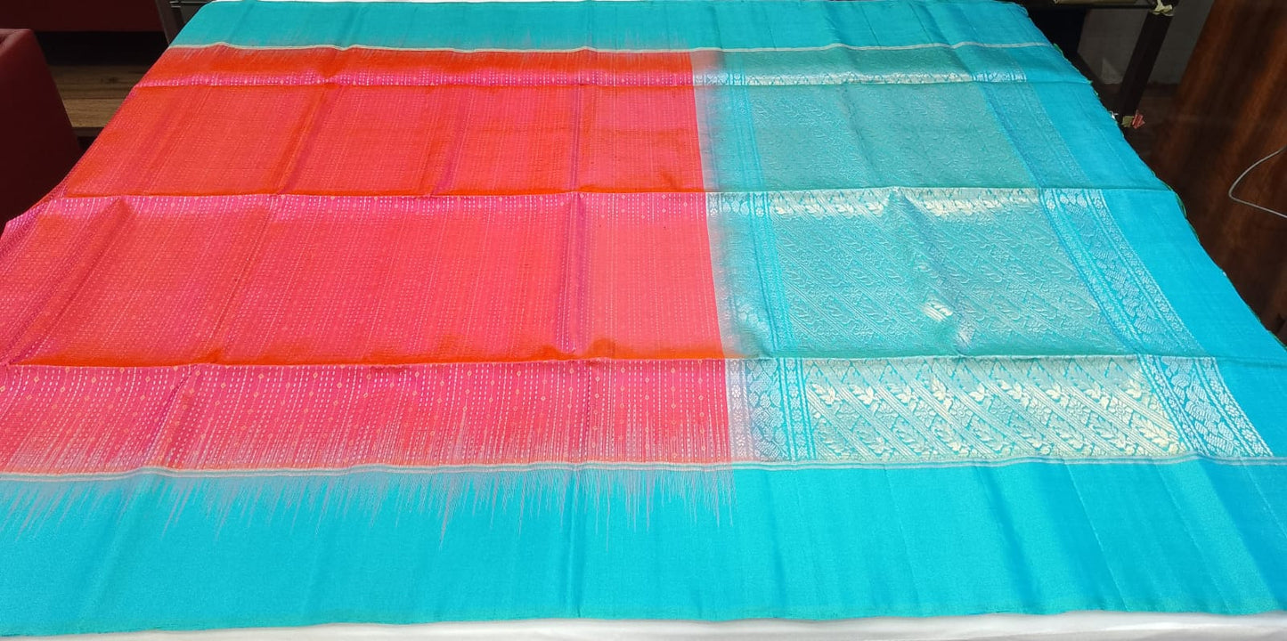 Pure Handloom Soft Silk Dual Tone Saree with Meena Zari – Rani Pink & Aqua Blue