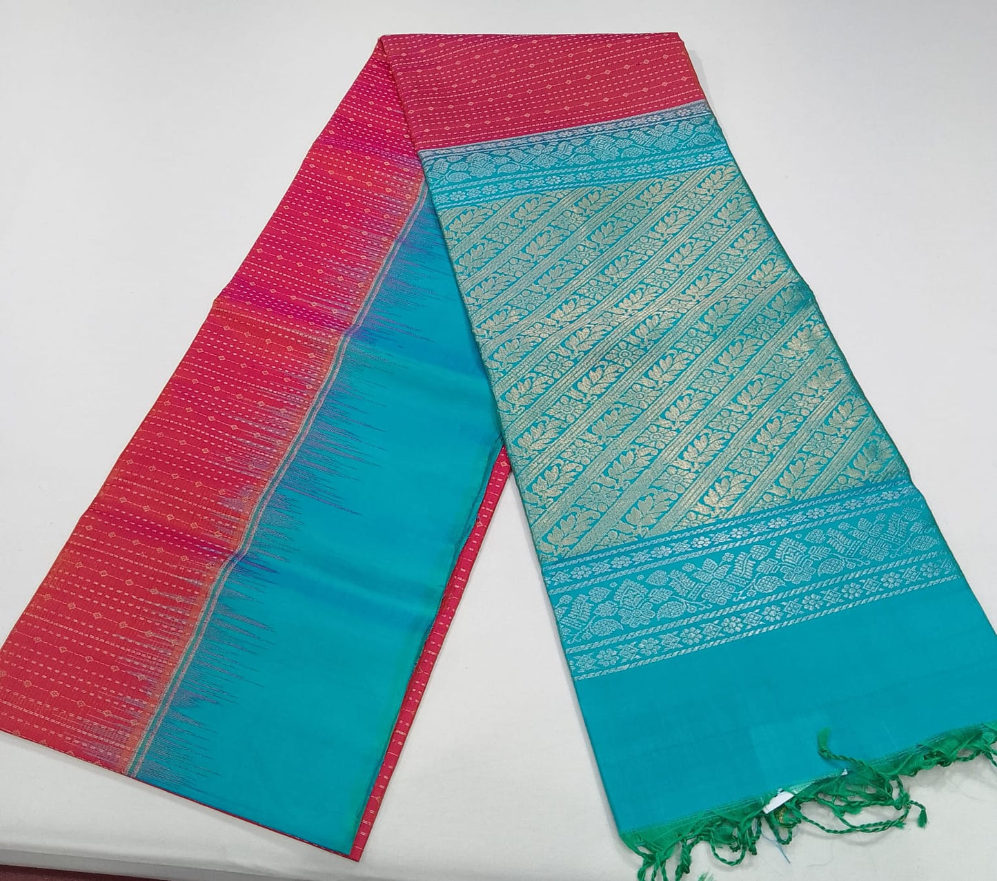 Pure Handloom Soft Silk Dual Tone Saree with Meena Zari – Rani Pink & Aqua Blue