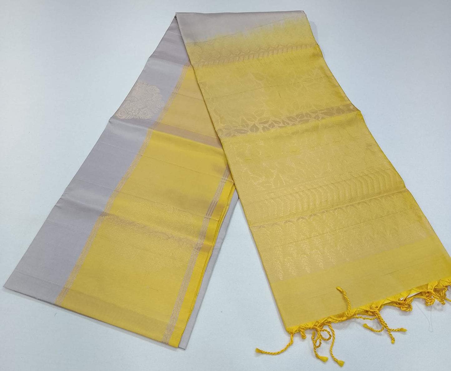 Pure Handloom Soft Silk Saree – Silver Grey & Sunshine Yellow Elegance