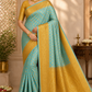 Semi Silk Butta Saree –Aqua Blue with Antique Gold Rich Zari Border & Grand Pallu