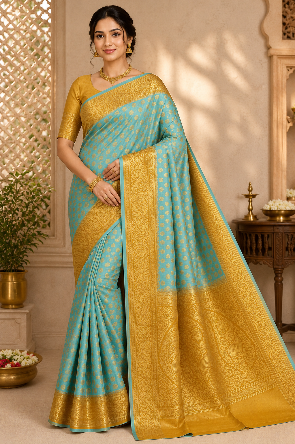 Semi Silk Butta Saree –Aqua Blue with Antique Gold Rich Zari Border & Grand Pallu