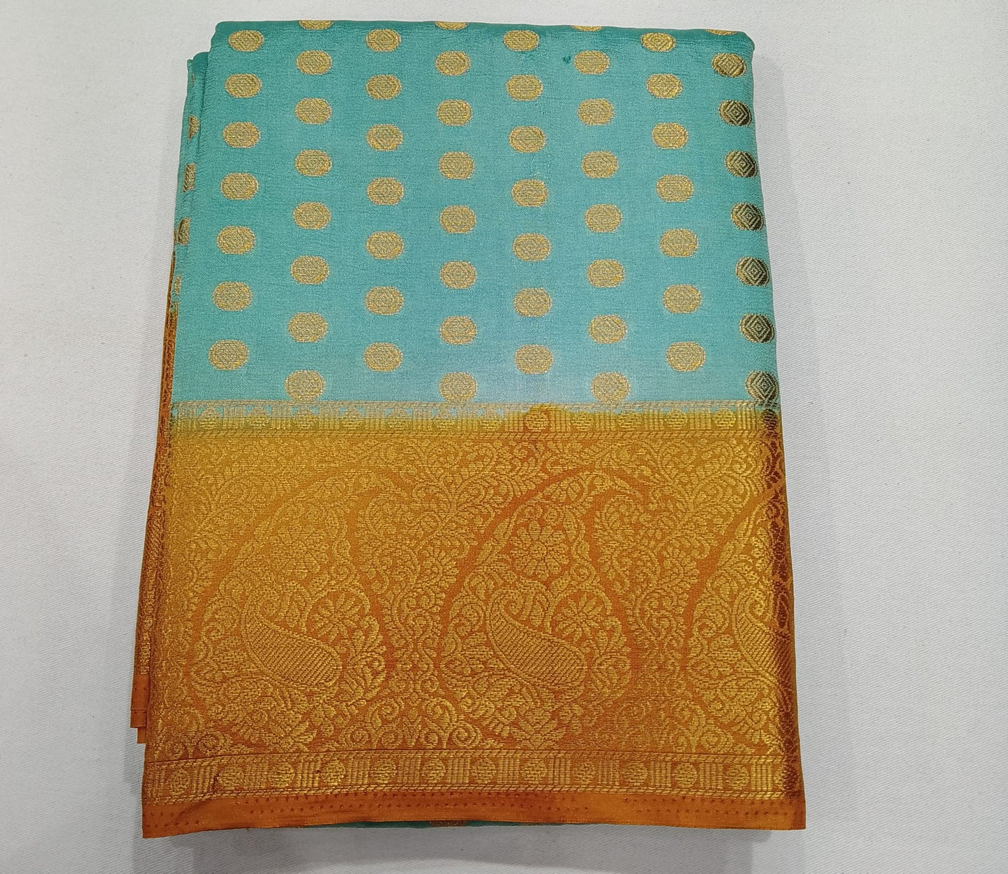 Semi Silk Butta Saree –Aqua Blue with Antique Gold Rich Zari Border & Grand Pallu