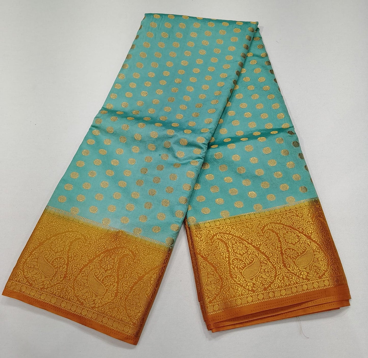 Semi Silk Butta Saree –Aqua Blue with Antique Gold Rich Zari Border & Grand Pallu