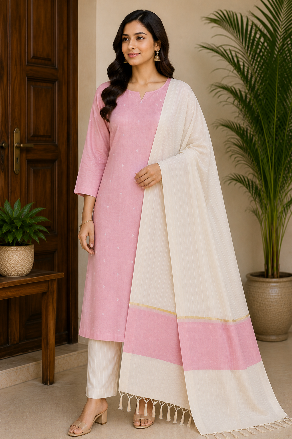 Premium Baby Pink Cotton Silk Unstitched Salwar Suit with Ivory Striped Dupatta