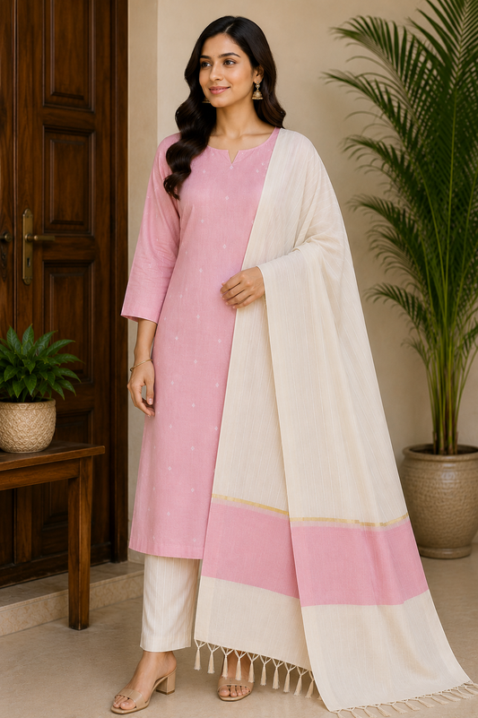 Premium Baby Pink Cotton Silk Unstitched Salwar Suit with Ivory Striped Dupatta