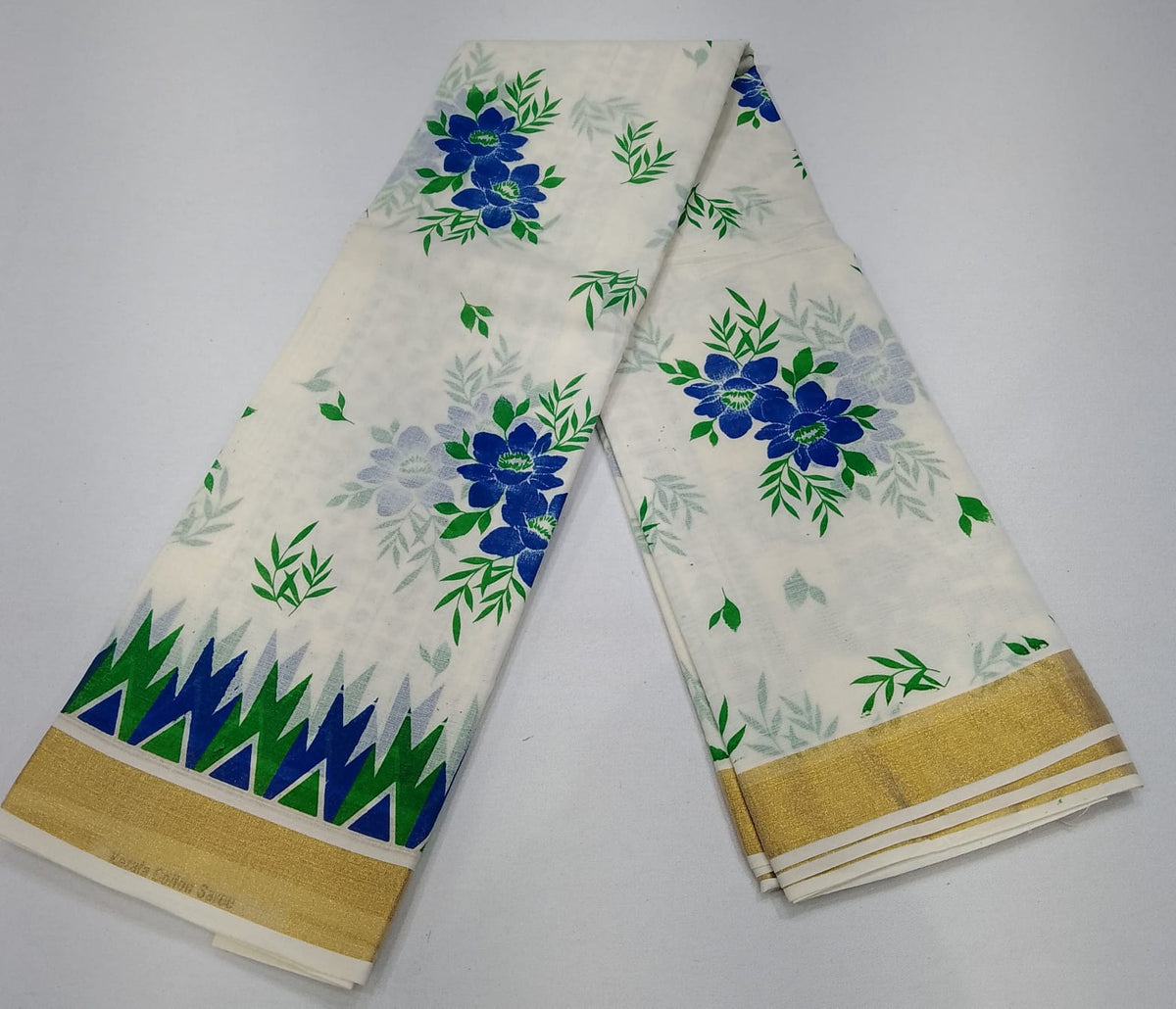 Elegant Kerala Cotton Saree with Blue Floral Print & Traditional Kasavu Border