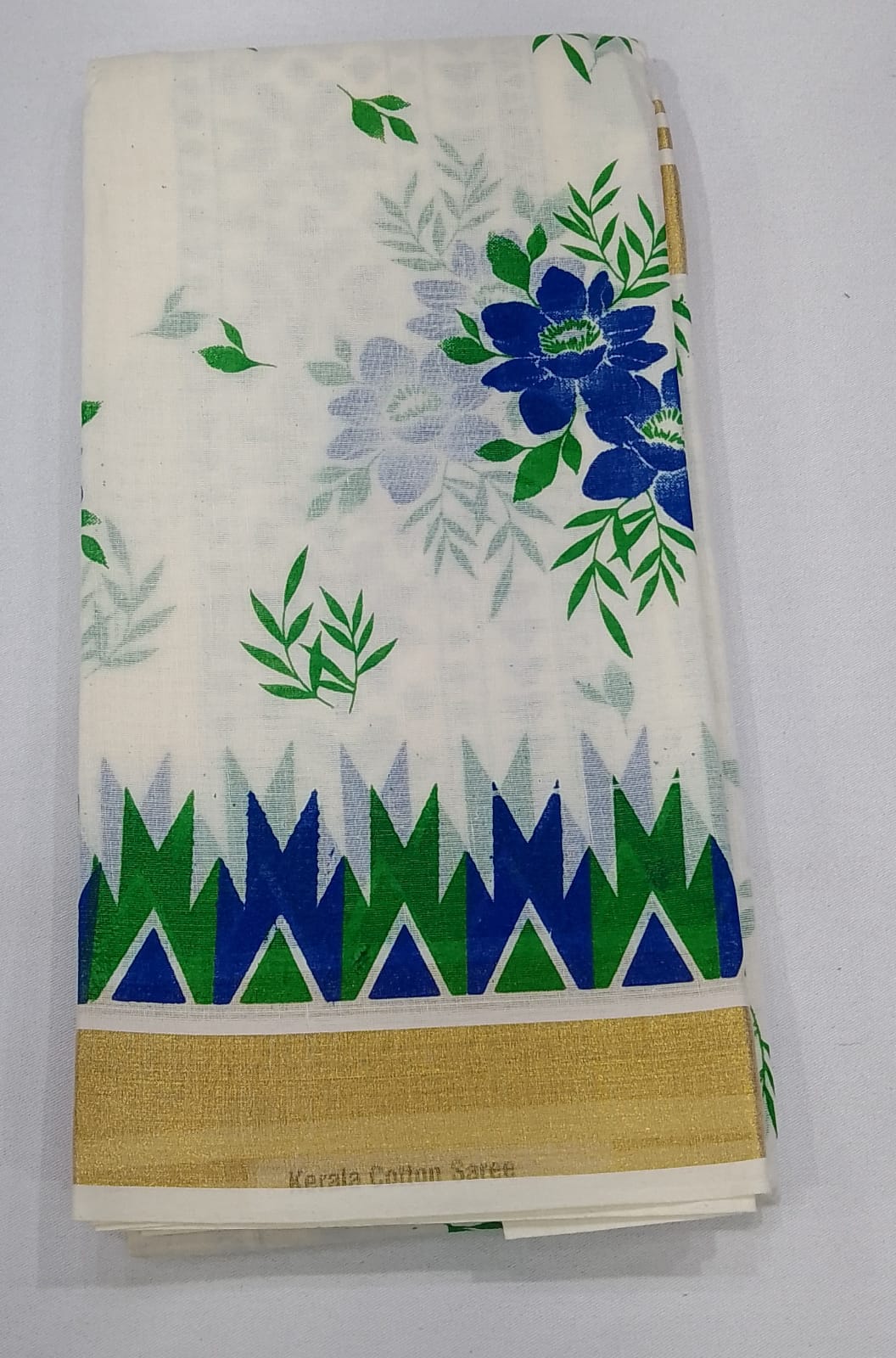 Elegant Kerala Cotton Saree with Blue Floral Print & Traditional Kasavu Border