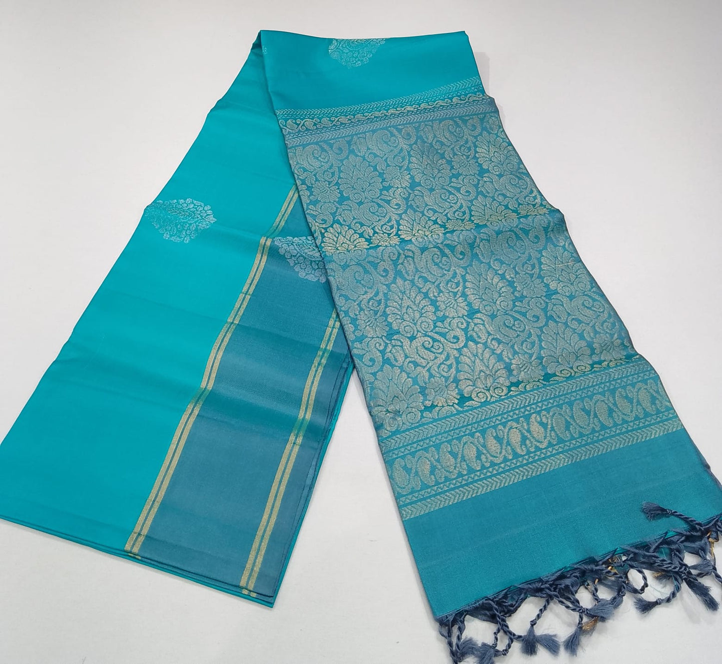 Pure Handloom Soft Silk Saree – Aqua Blue & Steel Grey with Rich Zari Pallu