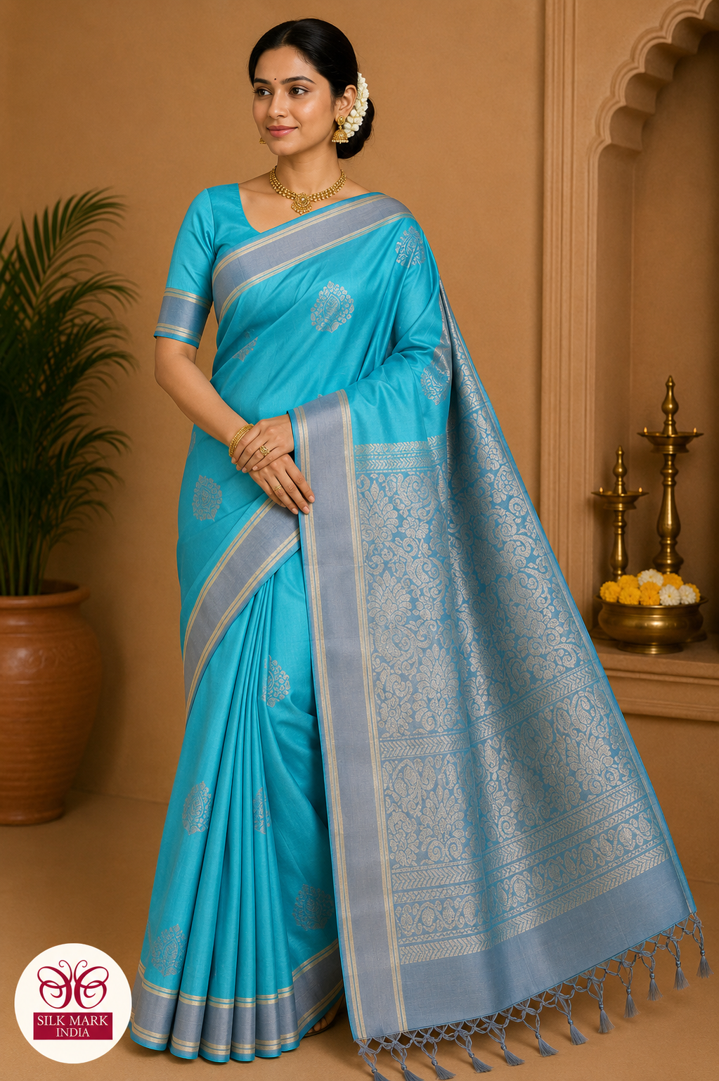Pure Handloom Soft Silk Saree – Aqua Blue & Steel Grey with Rich Zari Pallu