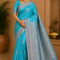 Pure Handloom Soft Silk Saree – Aqua Blue & Steel Grey with Rich Zari Pallu