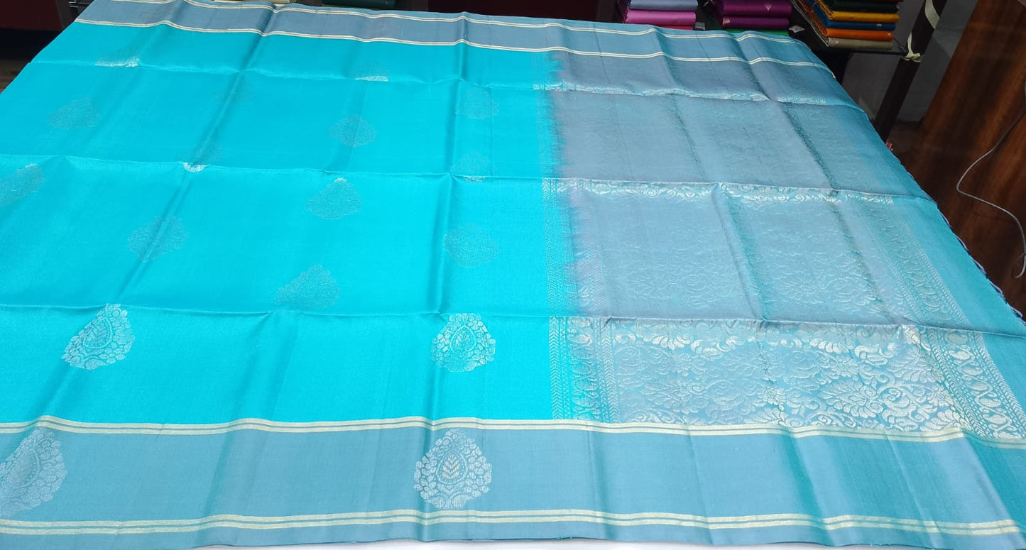 Pure Handloom Soft Silk Saree – Aqua Blue & Steel Grey with Rich Zari Pallu