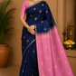 Pure Handloom Soft Silk Saree – Royal Navy Blue & Blossom Pink with Gold Zari Buttas