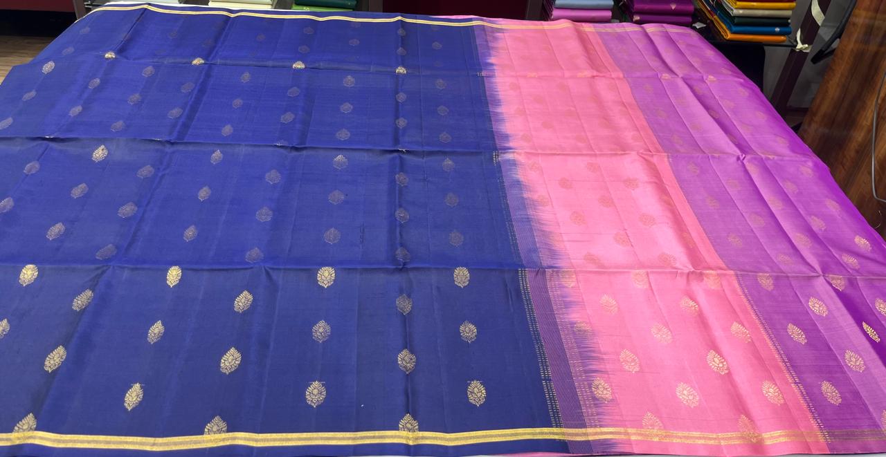 Pure Handloom Soft Silk Saree – Royal Navy Blue & Blossom Pink with Gold Zari Buttas