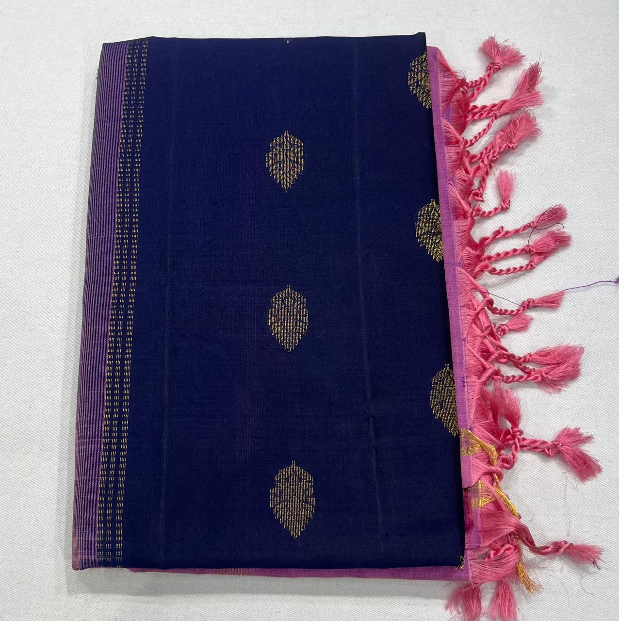 Pure Handloom Soft Silk Saree – Royal Navy Blue & Blossom Pink with Gold Zari Buttas