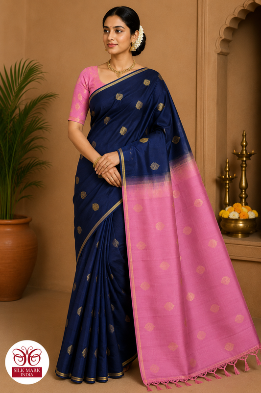 Pure Handloom Soft Silk Saree – Royal Navy Blue & Blossom Pink with Gold Zari Buttas