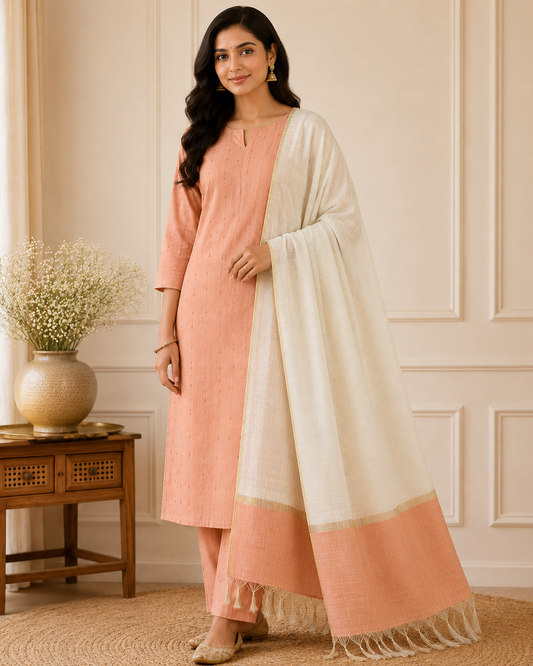 Peach Blush Cotton Silk Unstitched Salwar Suit with Ivory Zari Border Dupatta