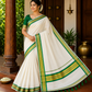 Classic Kerala Cotton Saree with Traditional Green Kasavu Border