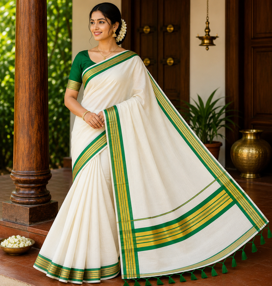 Classic Kerala Cotton Saree with Traditional Green Kasavu Border