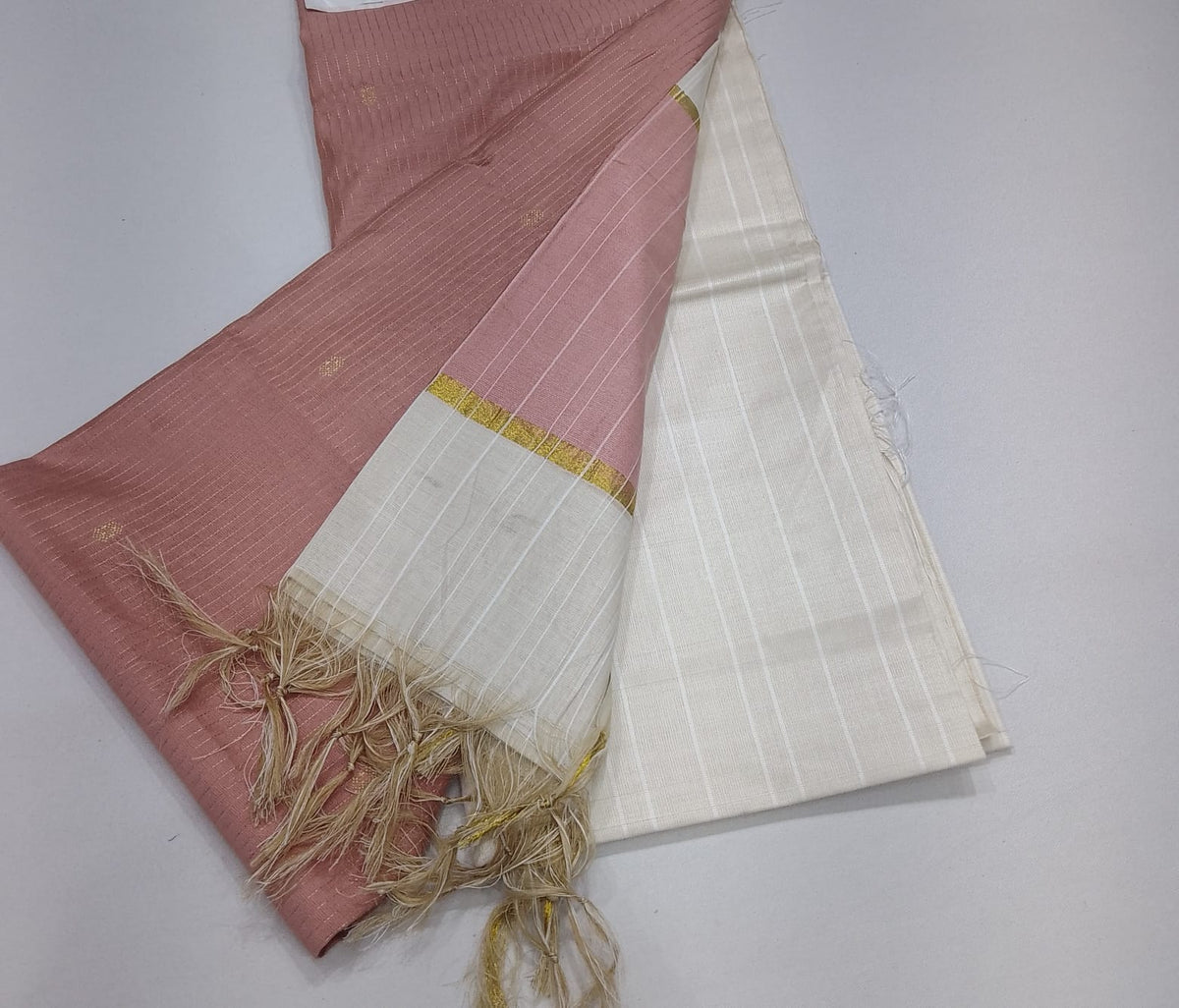 Premium Dusty Rose Cotton Silk Unstitched Salwar Suit with Ivory Striped Dupatta