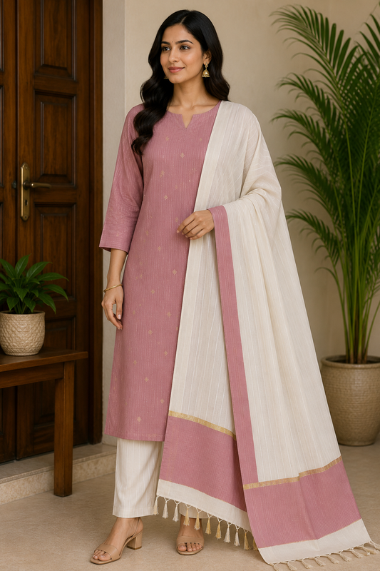Premium Dusty Rose Cotton Silk Unstitched Salwar Suit with Ivory Striped Dupatta