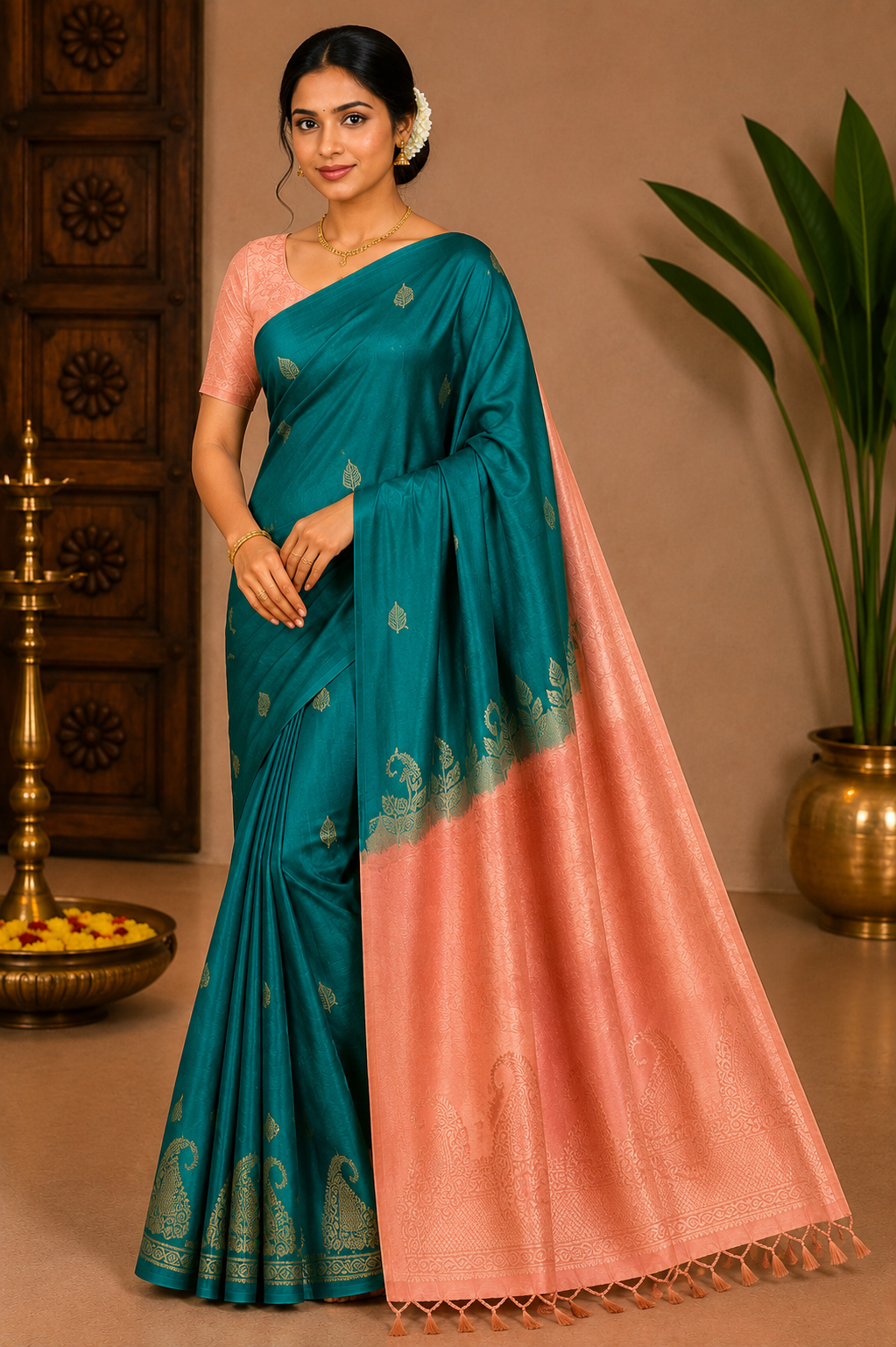 Pure Handloom Soft Silk Saree – Emerald Green with Antique Peach Gold Zari Border