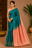 Pure Handloom Soft Silk Saree – Emerald Green with Antique Peach Gold Zari Border