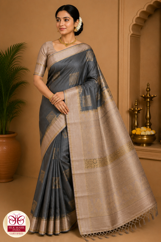 Pure Handloom Soft Silk Saree – Dark Grey & Champagne Beige