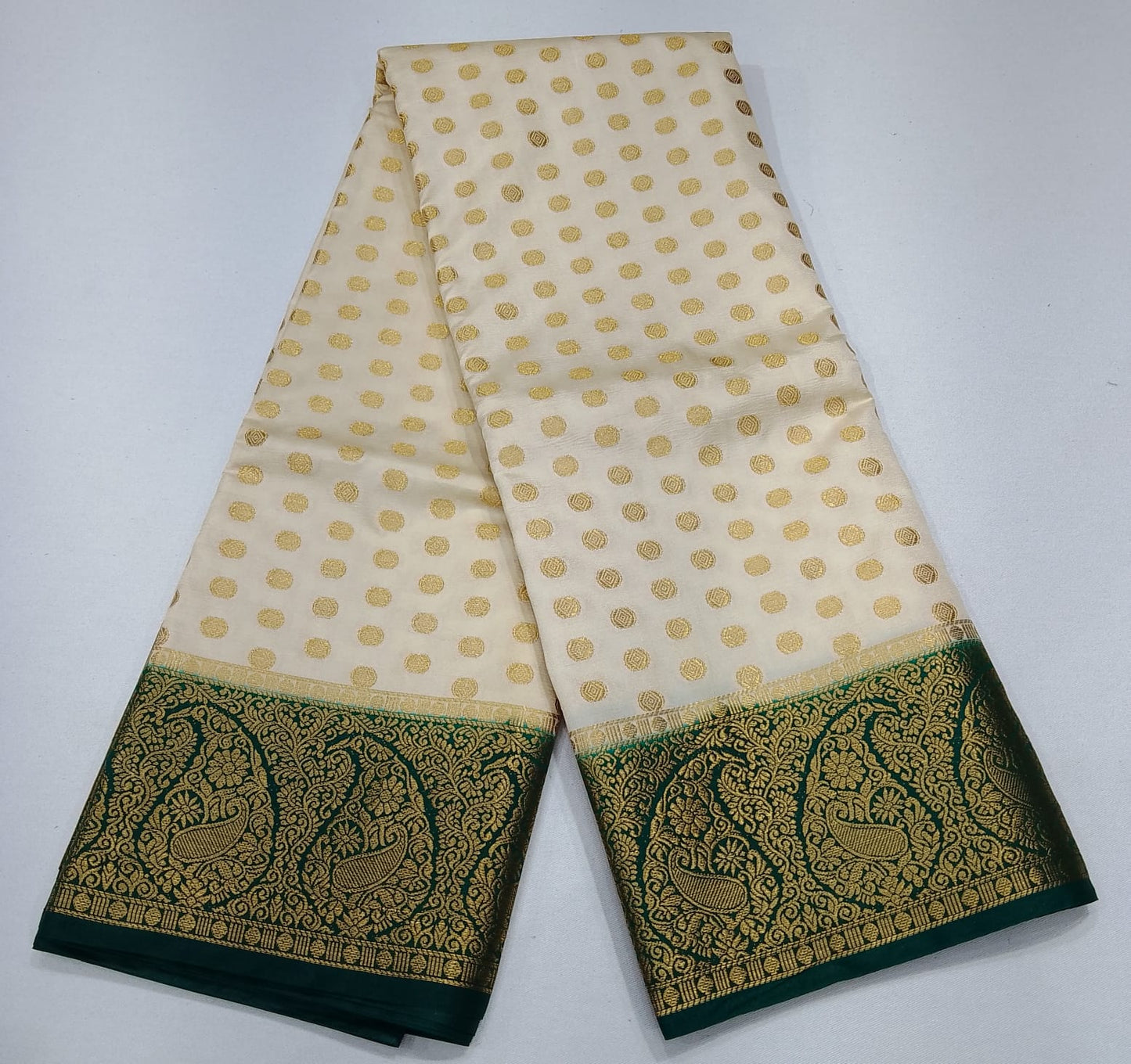 Semi Silk Butta Saree – Ivory Cream with Emerald Green Rich Zari Border & Grand Pallu