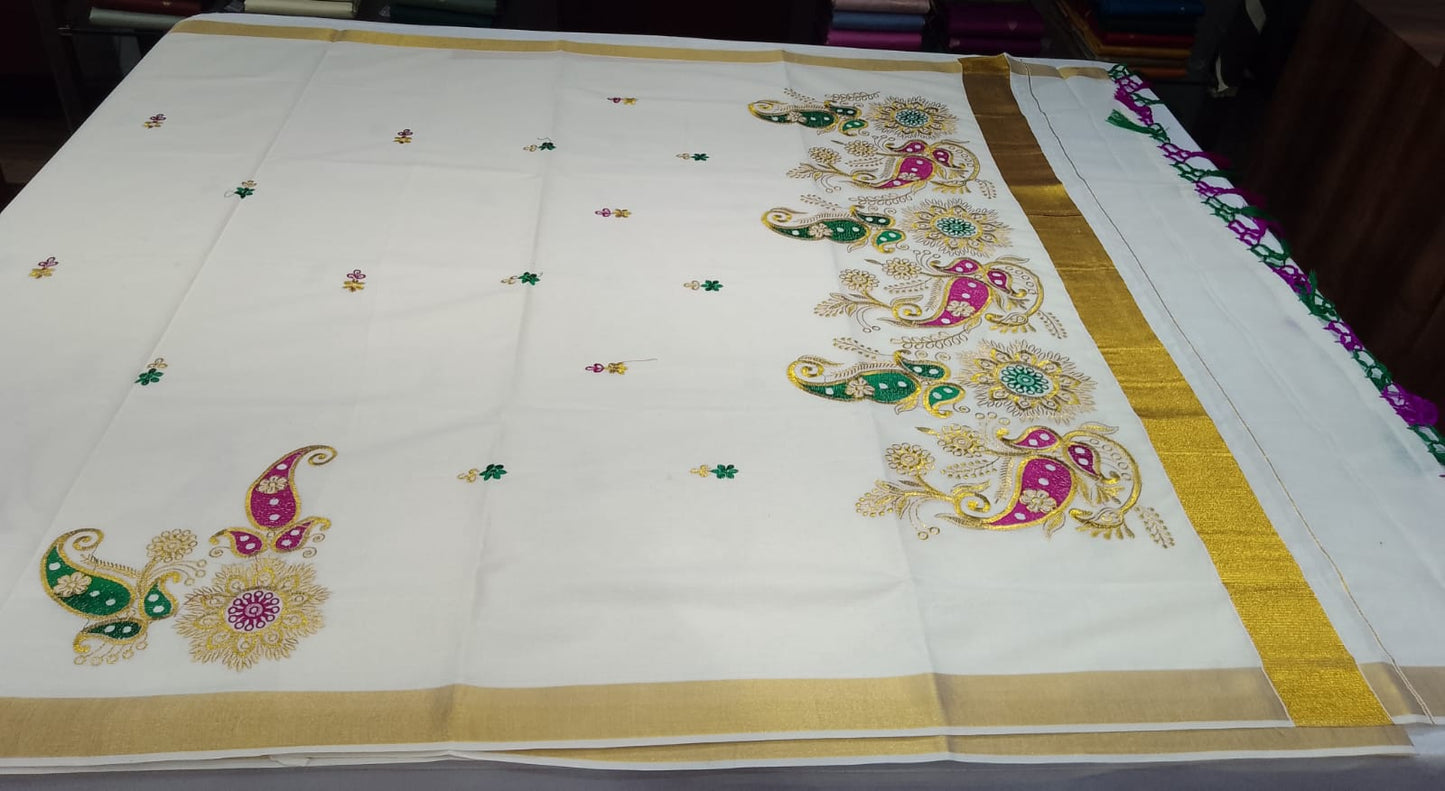 Elegant Kerala Cotton Saree with Paisley Floral Embroidery & Golden Kasavu Border