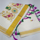 Elegant Kerala Cotton Saree with Paisley Floral Embroidery & Golden Kasavu Border
