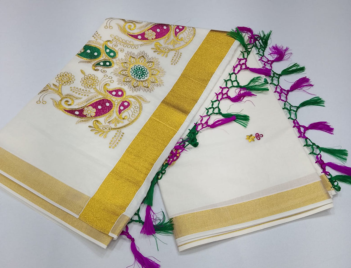 Elegant Kerala Cotton Saree with Paisley Floral Embroidery & Golden Kasavu Border