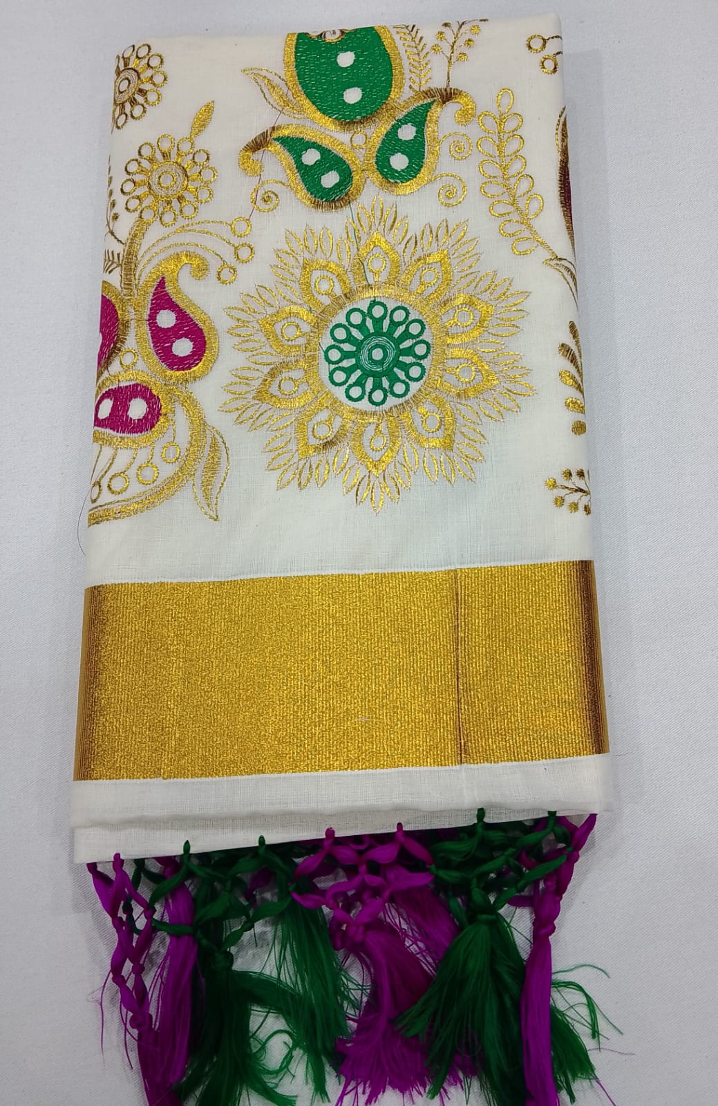 Elegant Kerala Cotton Saree with Paisley Floral Embroidery & Golden Kasavu Border