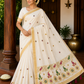 Elegant Kerala Cotton Saree with Paisley Floral Embroidery & Golden Kasavu Border