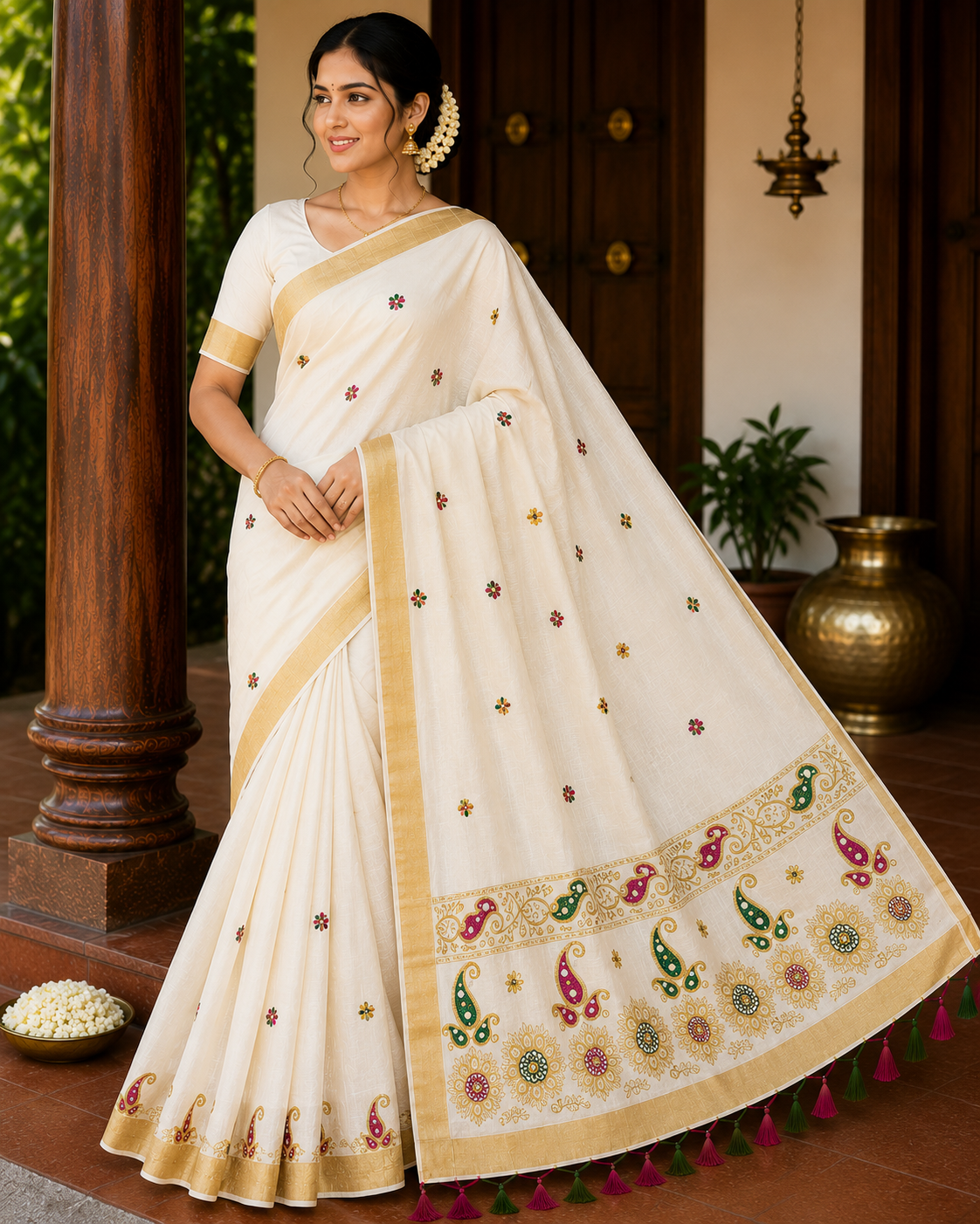 Elegant Kerala Cotton Saree with Paisley Floral Embroidery & Golden Kasavu Border