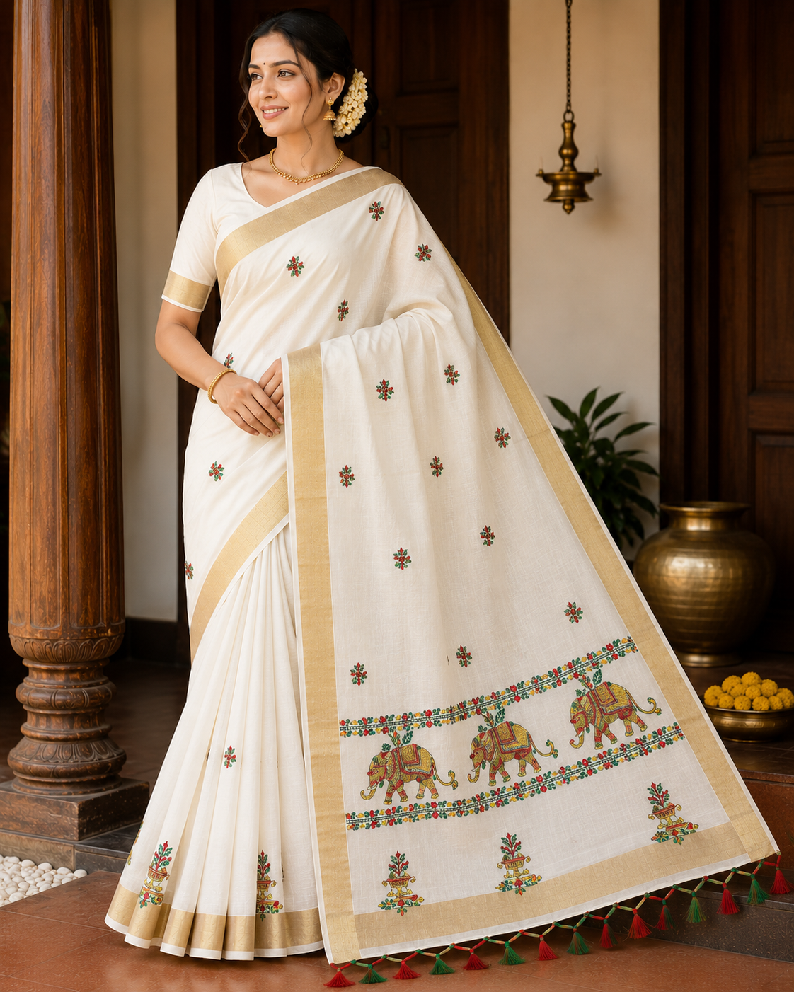 Elegant Kerala Cotton Saree with Traditional Elephant Motif & Golden Kasavu Border