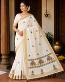 Elegant Kerala Cotton Saree with Traditional Elephant Motif & Golden Kasavu Border